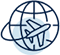 Icon of a globe with an airplane circling it.