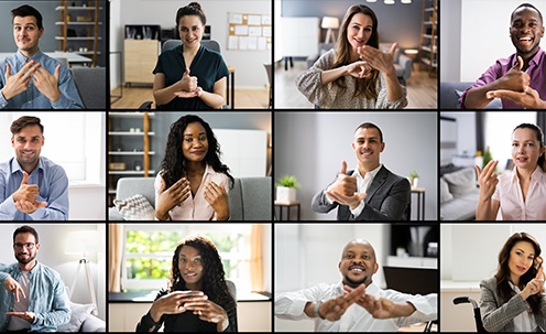 A panel of different people using sign language on video chat.